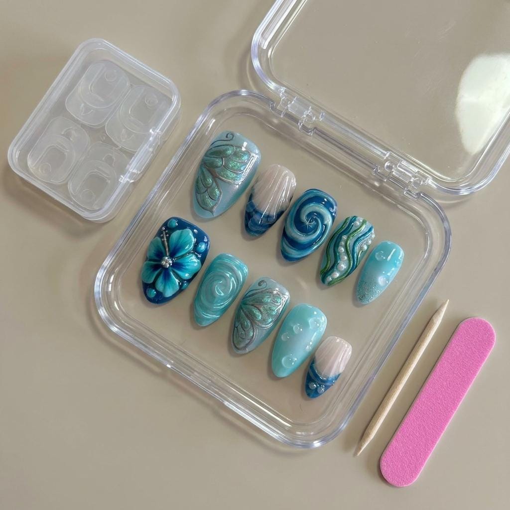 Turquoise Ocean Wave Press-On Nails With Sculpted Shell Details and Blue Flower