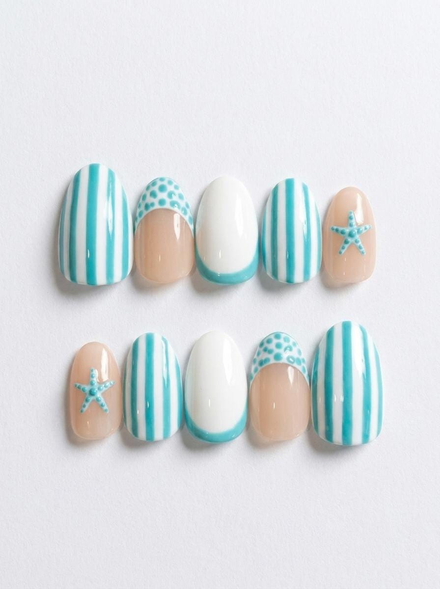 Turquoise Starfish Coastal Stripe Nail Set