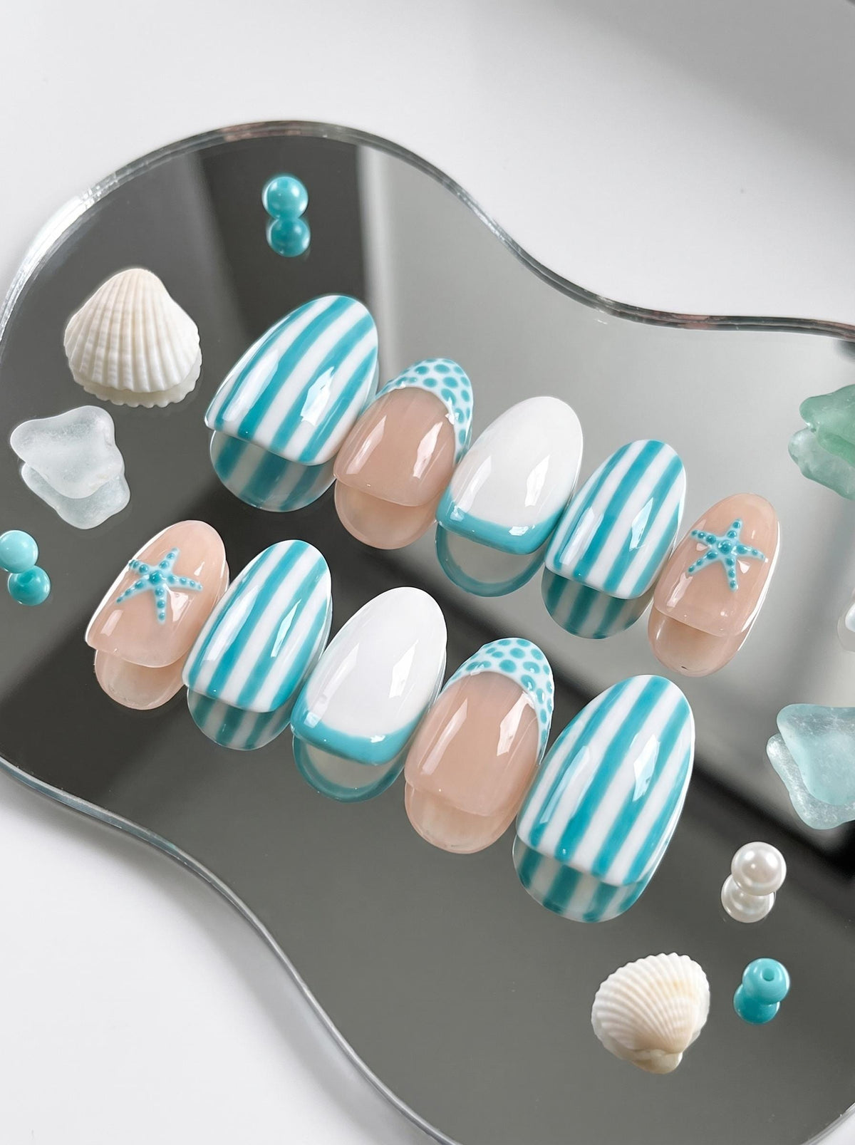 Turquoise Starfish Coastal Stripe Nail Set