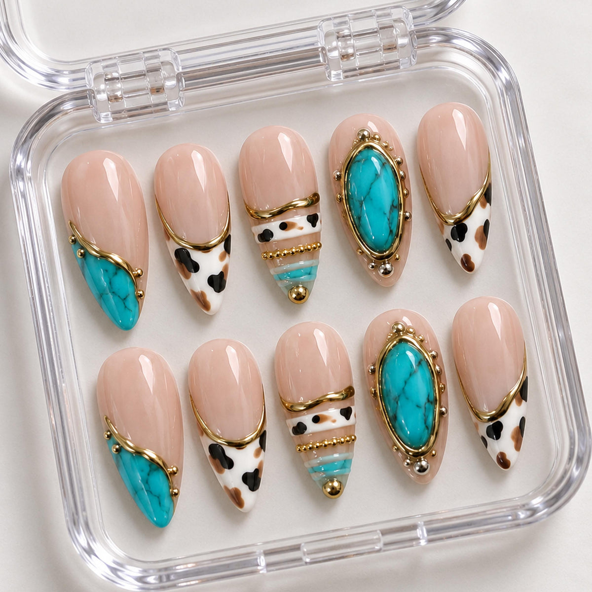 Turquoise Stone and Cow Print French Tip Western Coastal Cowgirl Press-On Nails with Gold Accents