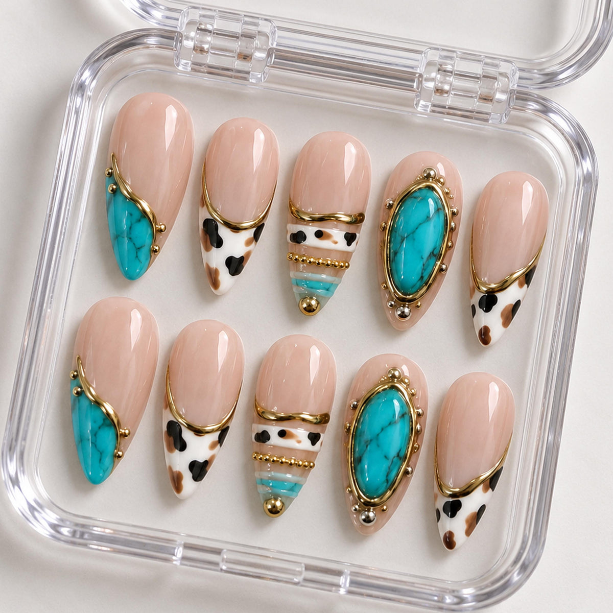 Turquoise Stone and Cow Print French Tip Western Coastal Cowgirl Press-On Nails with Gold Accents