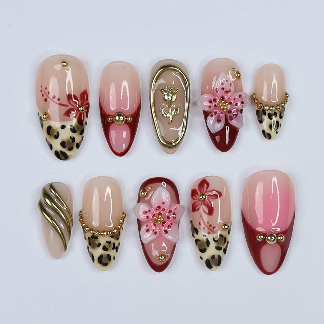 Vacation Leopard Print Press On Nails with Burgundy Tips, 3D Flowers and Gold Details