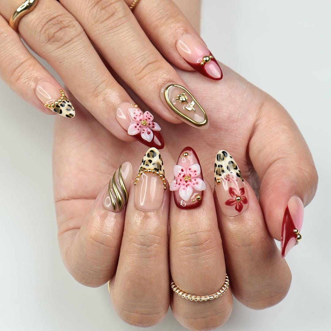 Vacation Leopard Print Press On Nails with Burgundy Tips, 3D Flowers and Gold Details