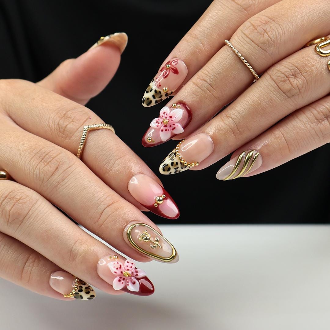 Vacation Leopard Print Press On Nails with Burgundy Tips, 3D Flowers and Gold Details