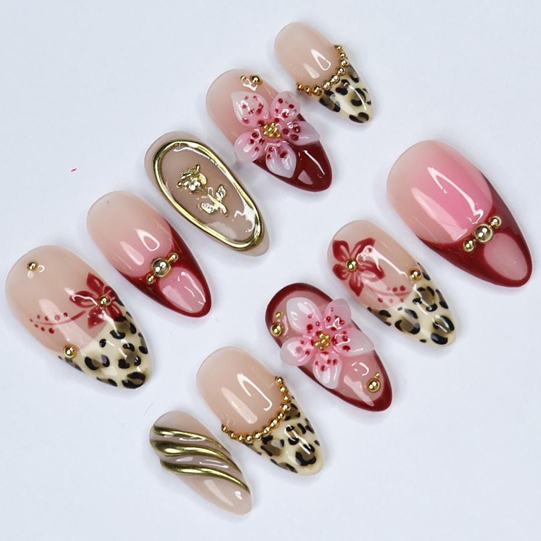 Vacation Leopard Print Press On Nails with Burgundy Tips, 3D Flowers and Gold Details
