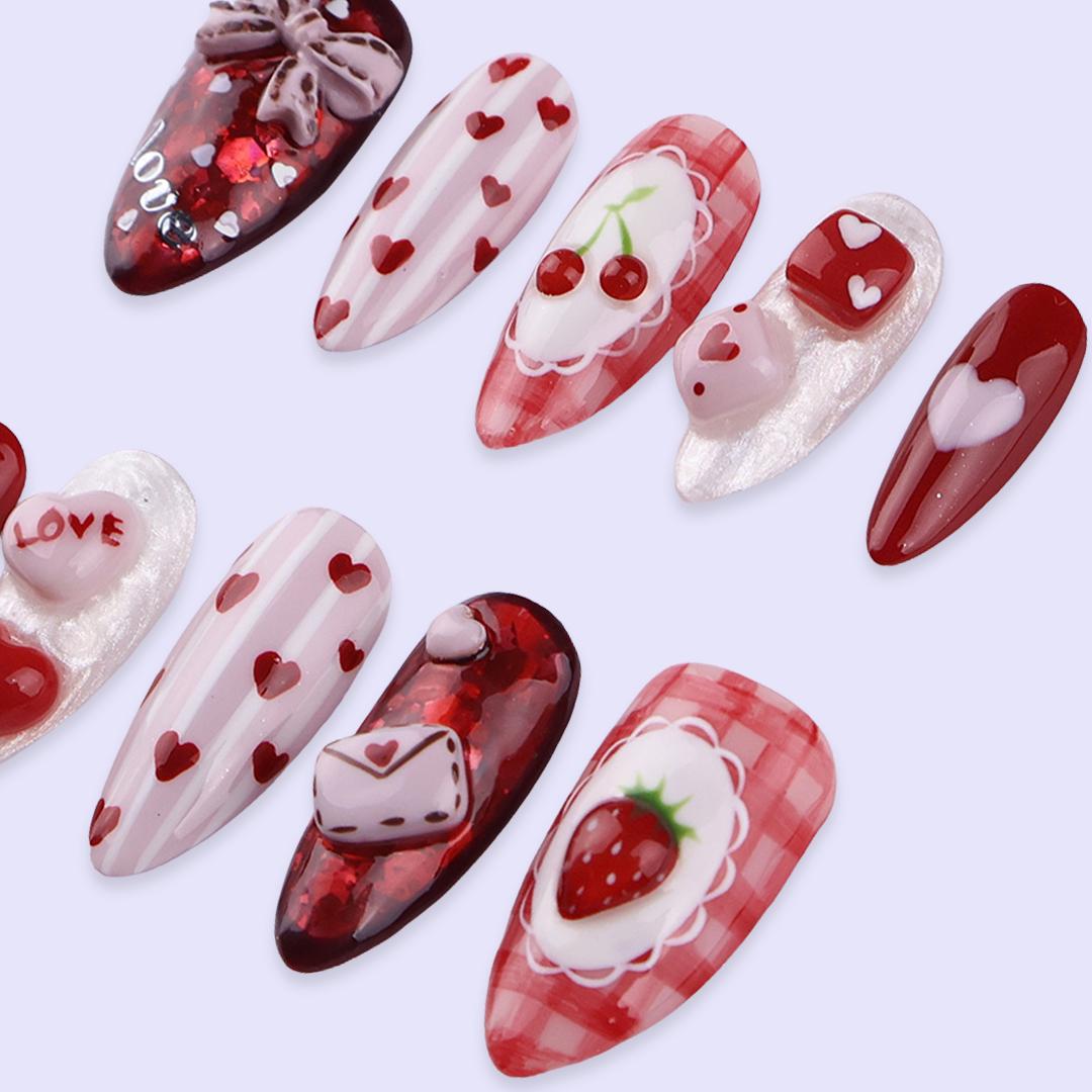 Valentine Heart, Cherry, and Love Letter Press On Nails
