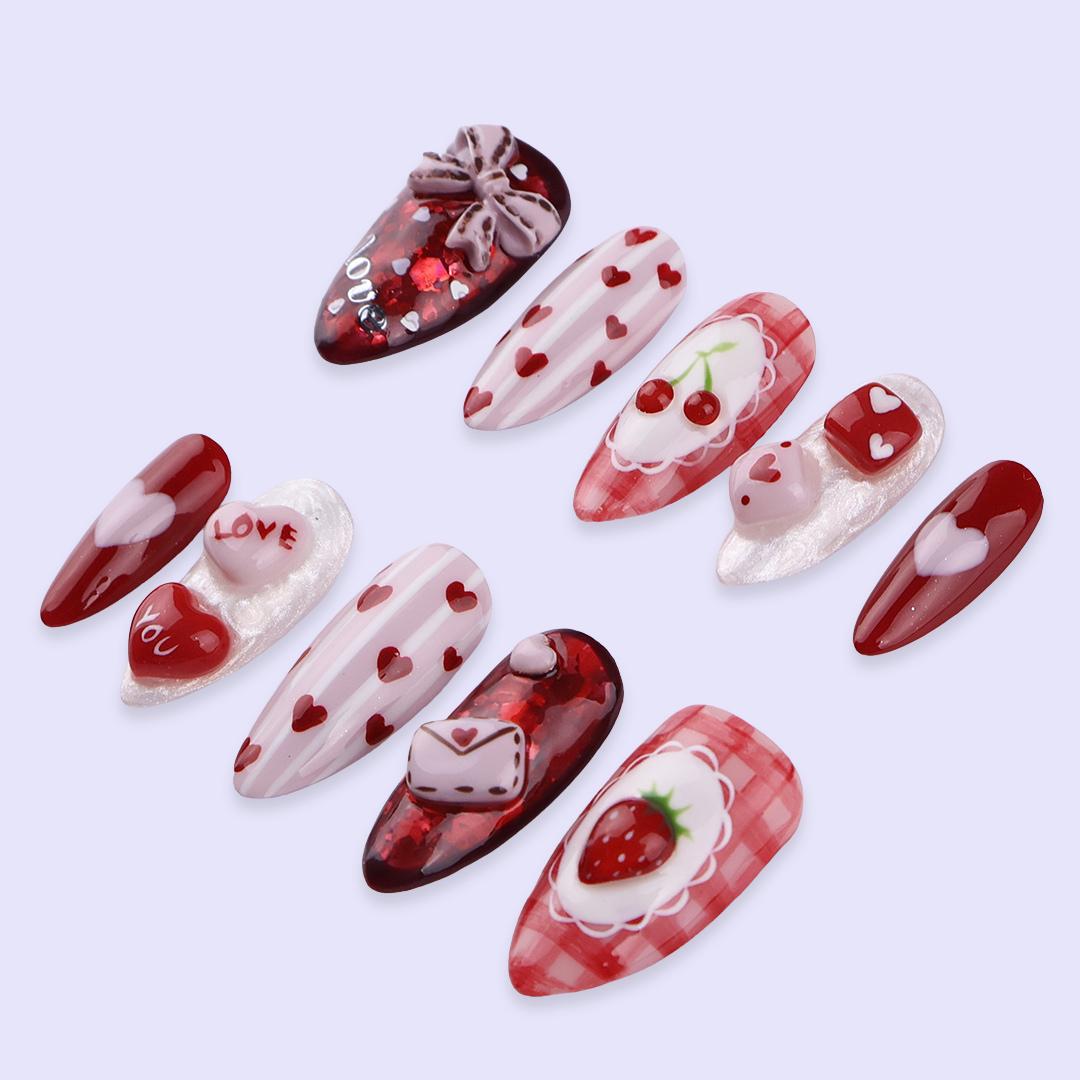 Valentine Heart, Cherry, and Love Letter Press On Nails