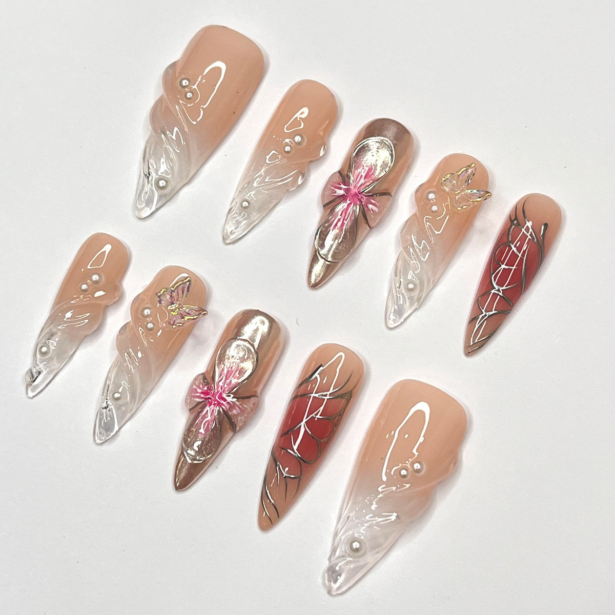Valentine Nude Peach 3D Flower, Butterfly Charm & Red Web Nail Set