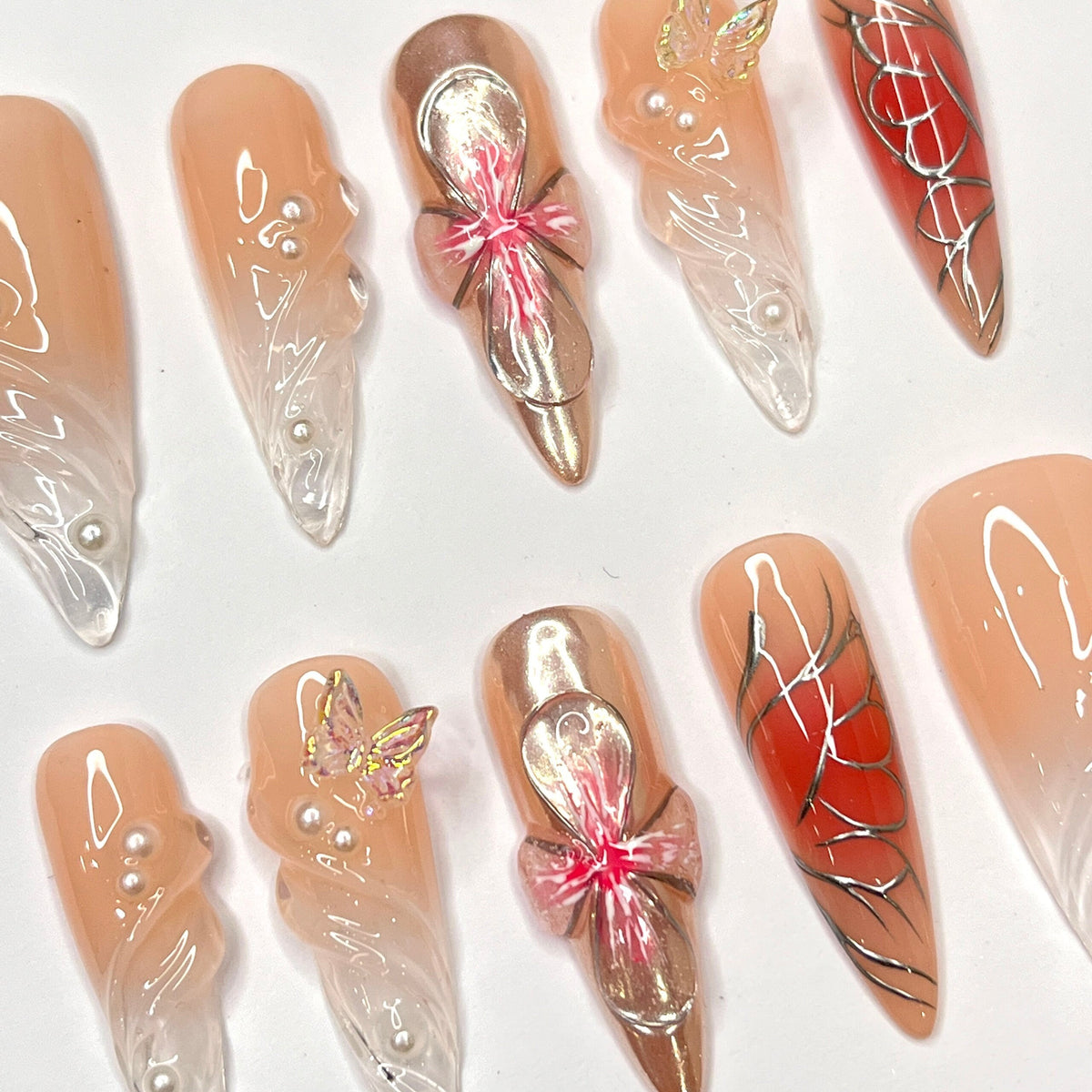 Valentine Nude Peach 3D Flower, Butterfly Charm & Red Web Nail Set