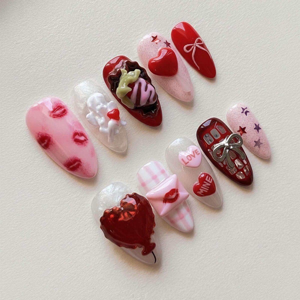 Valentine Press On Nails With 3D Hearts, Kiss Prints, Love Lettering & Bow