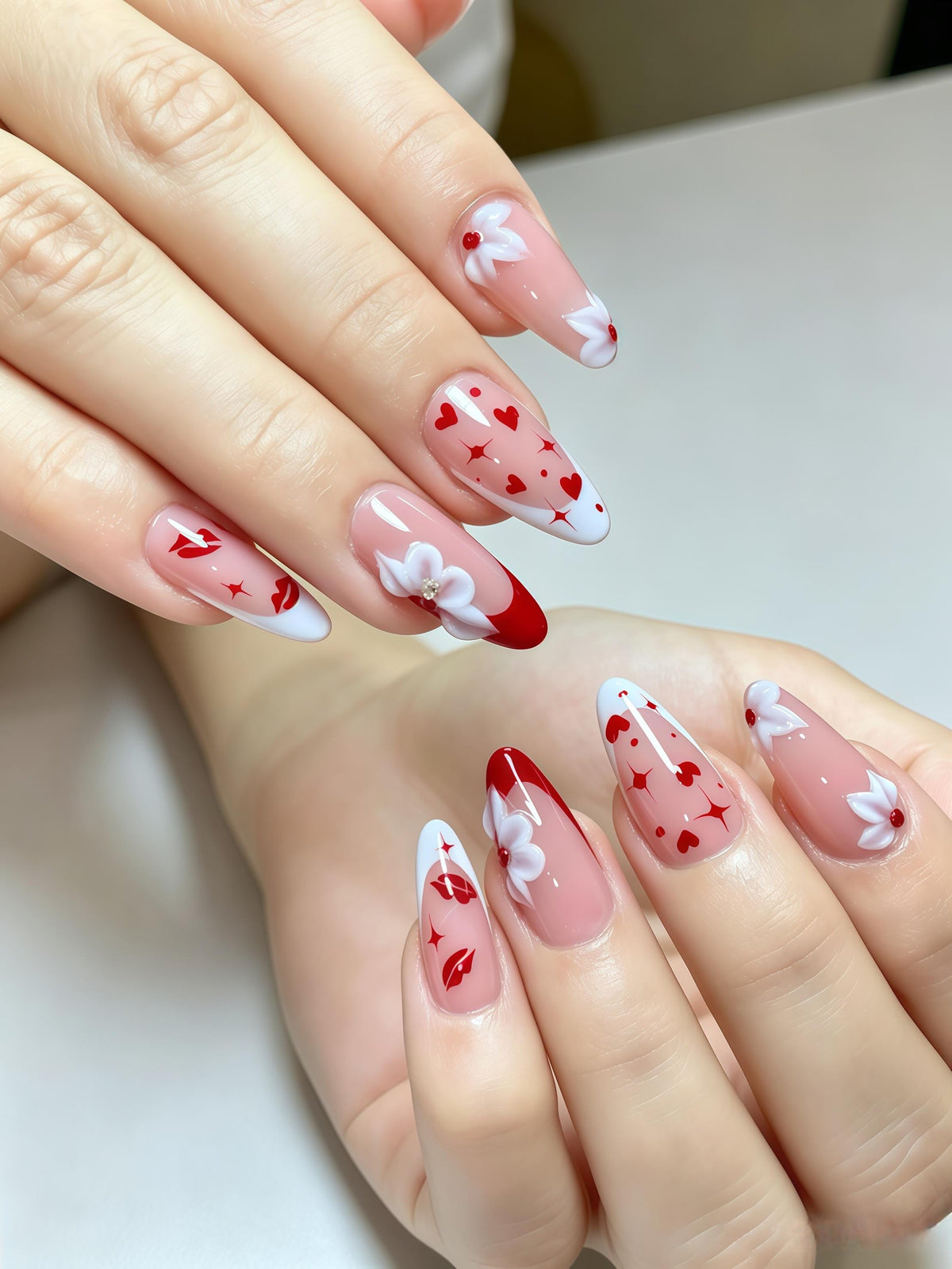 Valentine Red Heart and Lip French Tip Nails With Raised White Flowers
