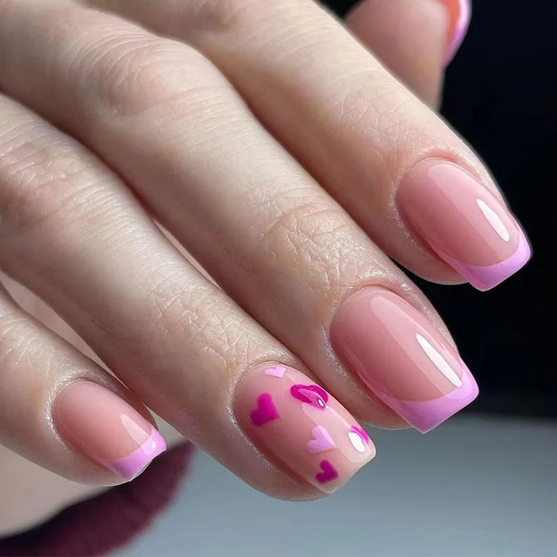 Valentine's Day Nude Pink French Tip Press On Nails with Heart Accent