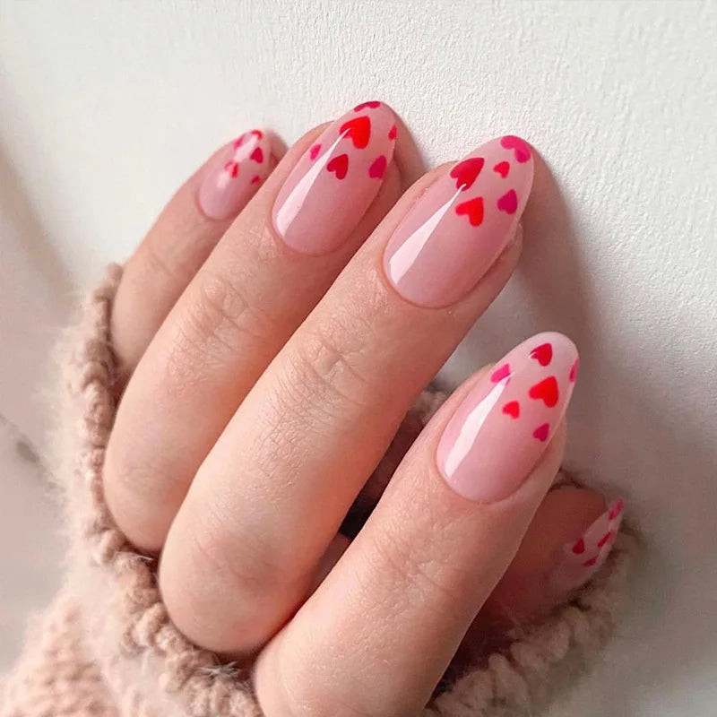Valentine's Day Sheer Pink Press On Nails With Red and Hot Pink Hearts