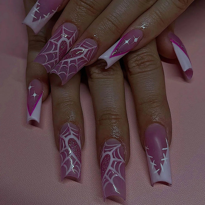 Valentine’s Day Mauve and Purple Spiderweb Press On Nails with White Stars and Pink Glitter
