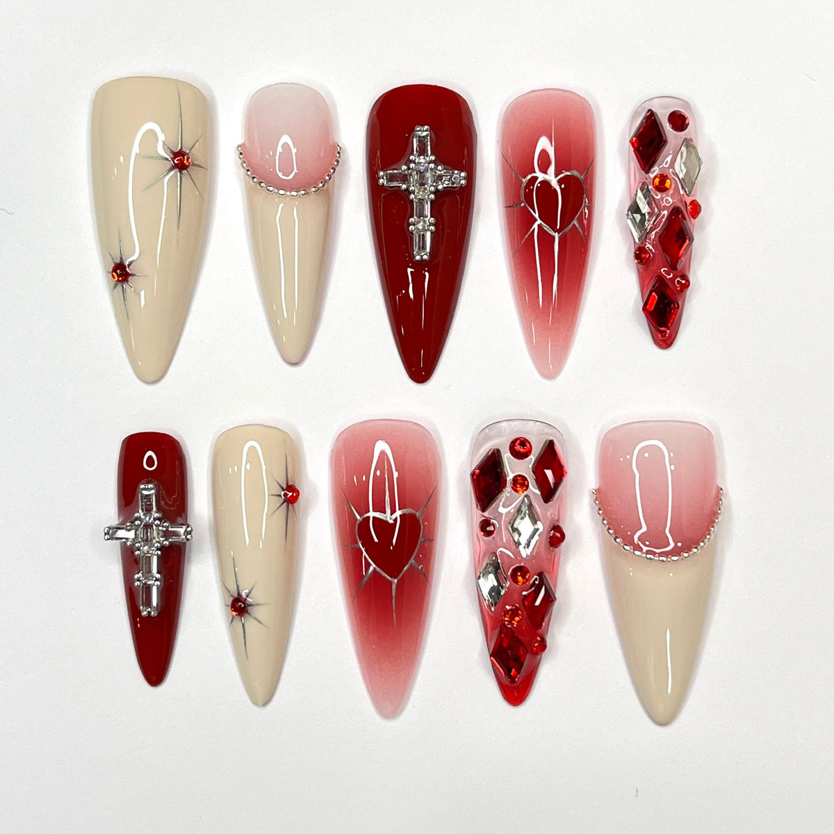Valentine’s Day Red and Blush Heart Press On Nails with Silver Cross Charms and Rhinestones
