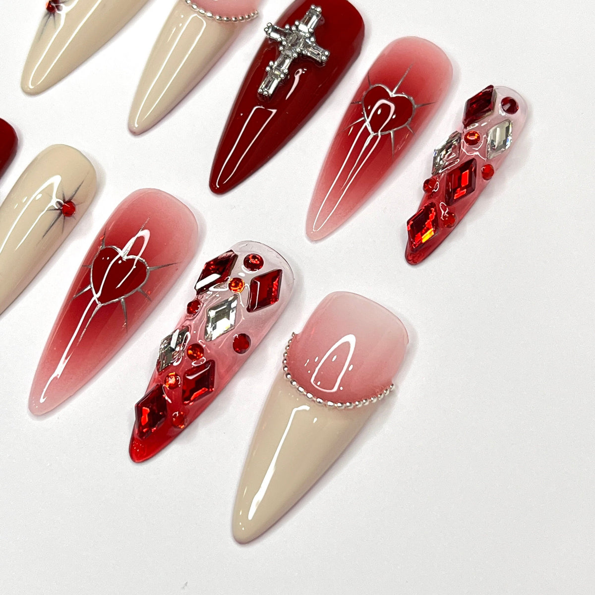 Valentine’s Day Red and Blush Heart Press On Nails with Silver Cross Charms and Rhinestones