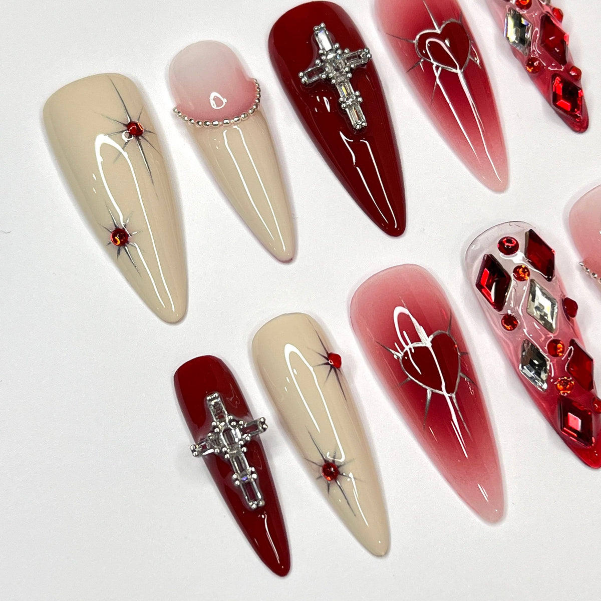 Valentine’s Day Red and Blush Heart Press On Nails with Silver Cross Charms and Rhinestones