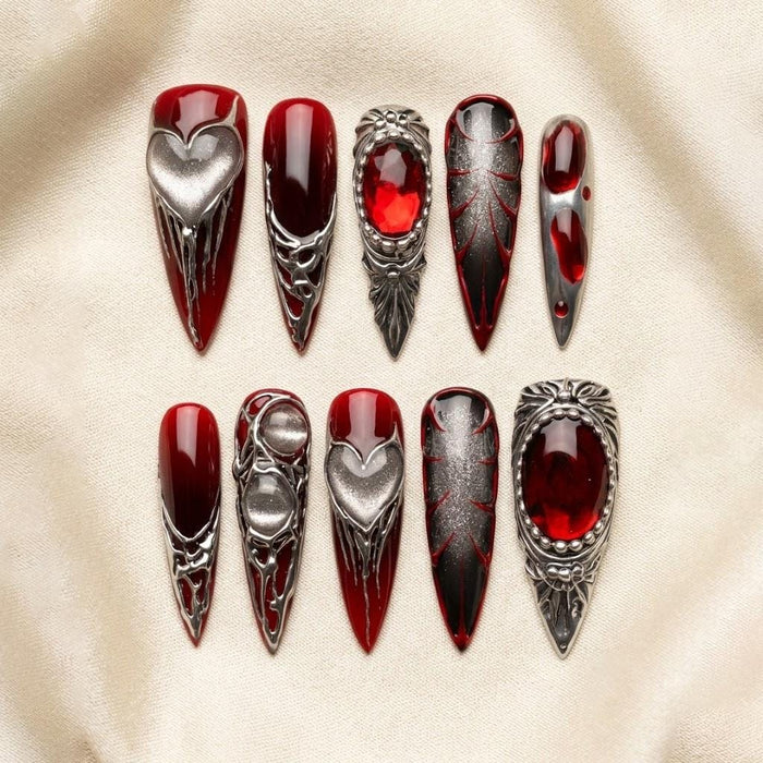 Vampire Gothic Red and Silver Heart Gem Press-On Nail Set