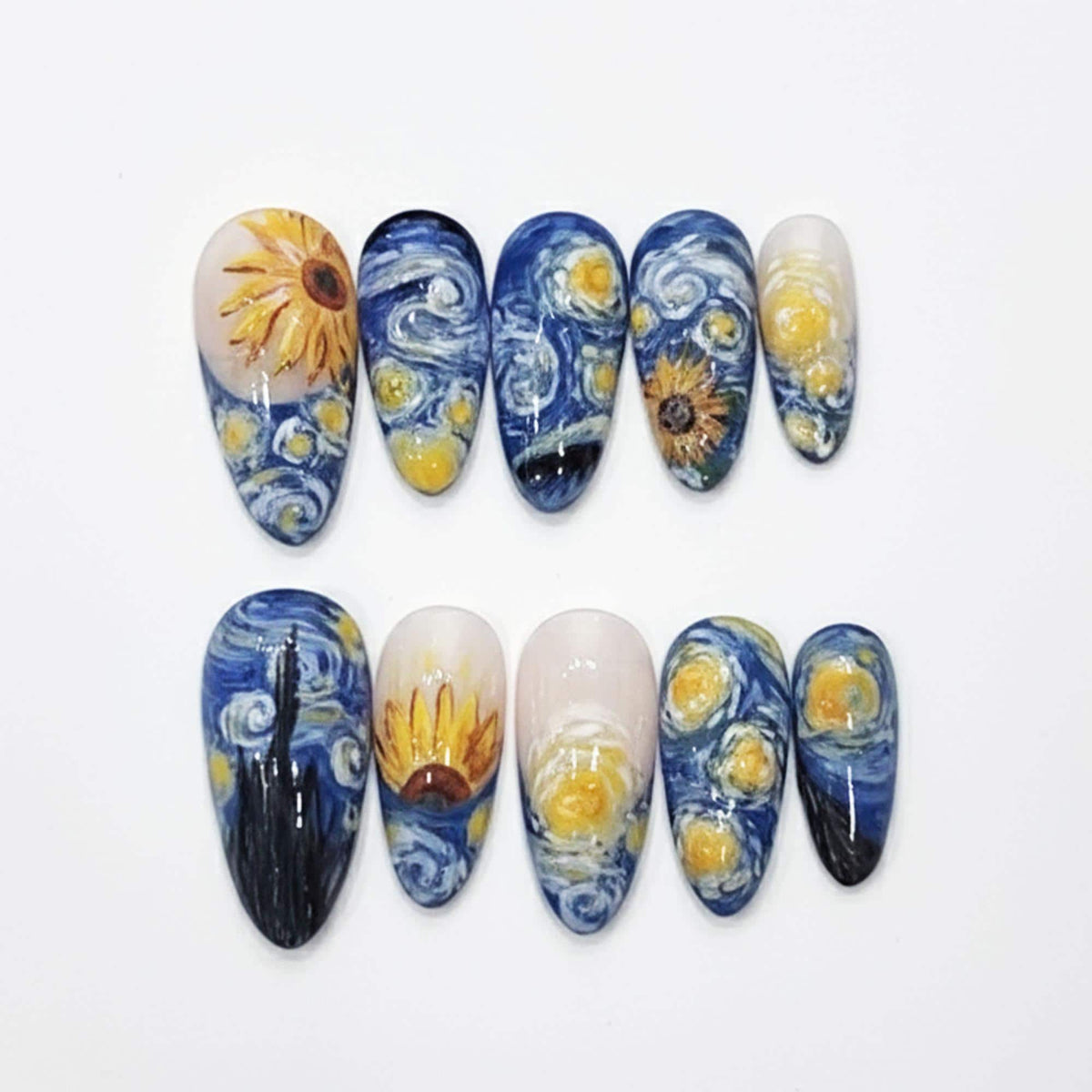 Van Gogh-Inspired Blue Starry Night and Sunflower Nail Set