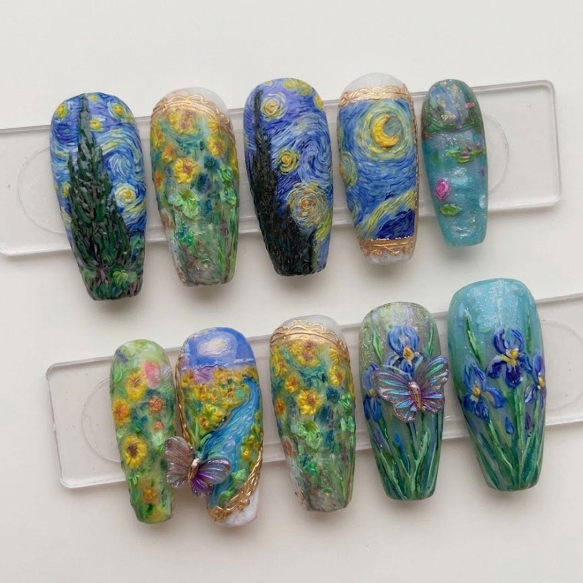 Van Gogh Starry Night Impressionist Press On Nails with Swirling Blue Skies and Raised Purple Flowers