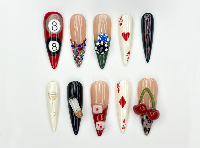 Vegas Casino Press On Nails With 8-Balls, Playing Cards, Dice and Cherry Charms