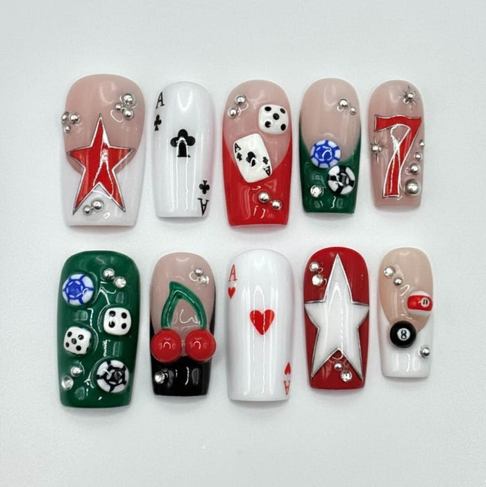 Vegas Casino Press On Nails With Playing Cards, Dice, Cherries and 3D Details