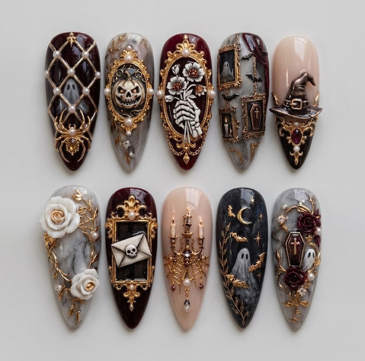 Victorian Gothic Halloween Nails in Burgundy and Grey Marble With Gold Frames and Macabre 3D Details