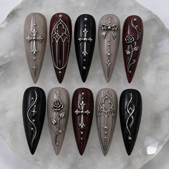 Victorian Gothic Press-On Nails With Silver Crosses, Cathedral Motifs, Roses and Bow