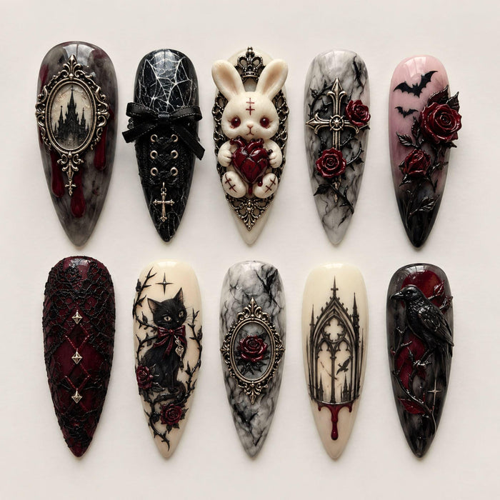 Victorian Gothic Rose and Raven Press On Nail Set