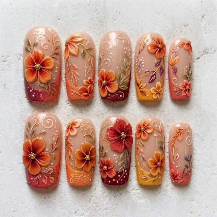 Vintage Autumn Floral Botanical Press On Nails in Terracotta and Burgundy