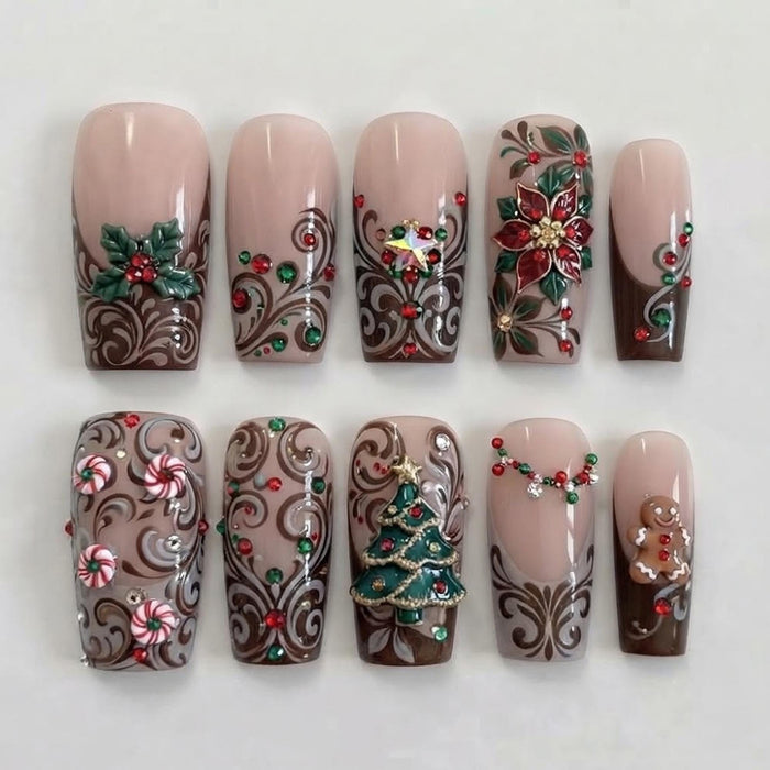 Vintage Baroque Christmas Press On Nails With Sculpted Tree, Poinsettias and Jeweled Details