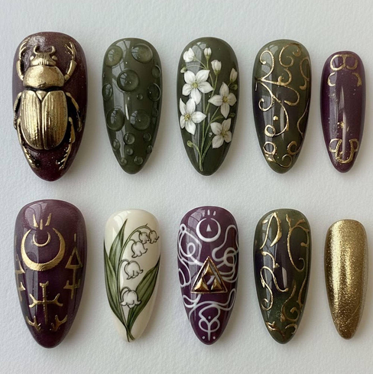 Vintage Botanical Lily of the Valley and Gold Beetle Press-On Nail Set