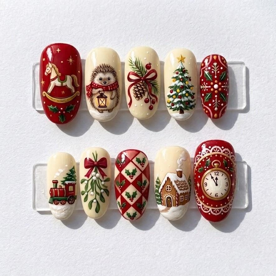 Vintage Christmas Nail Set With Plaid, Painted Holiday Scenes, and Red Green Details