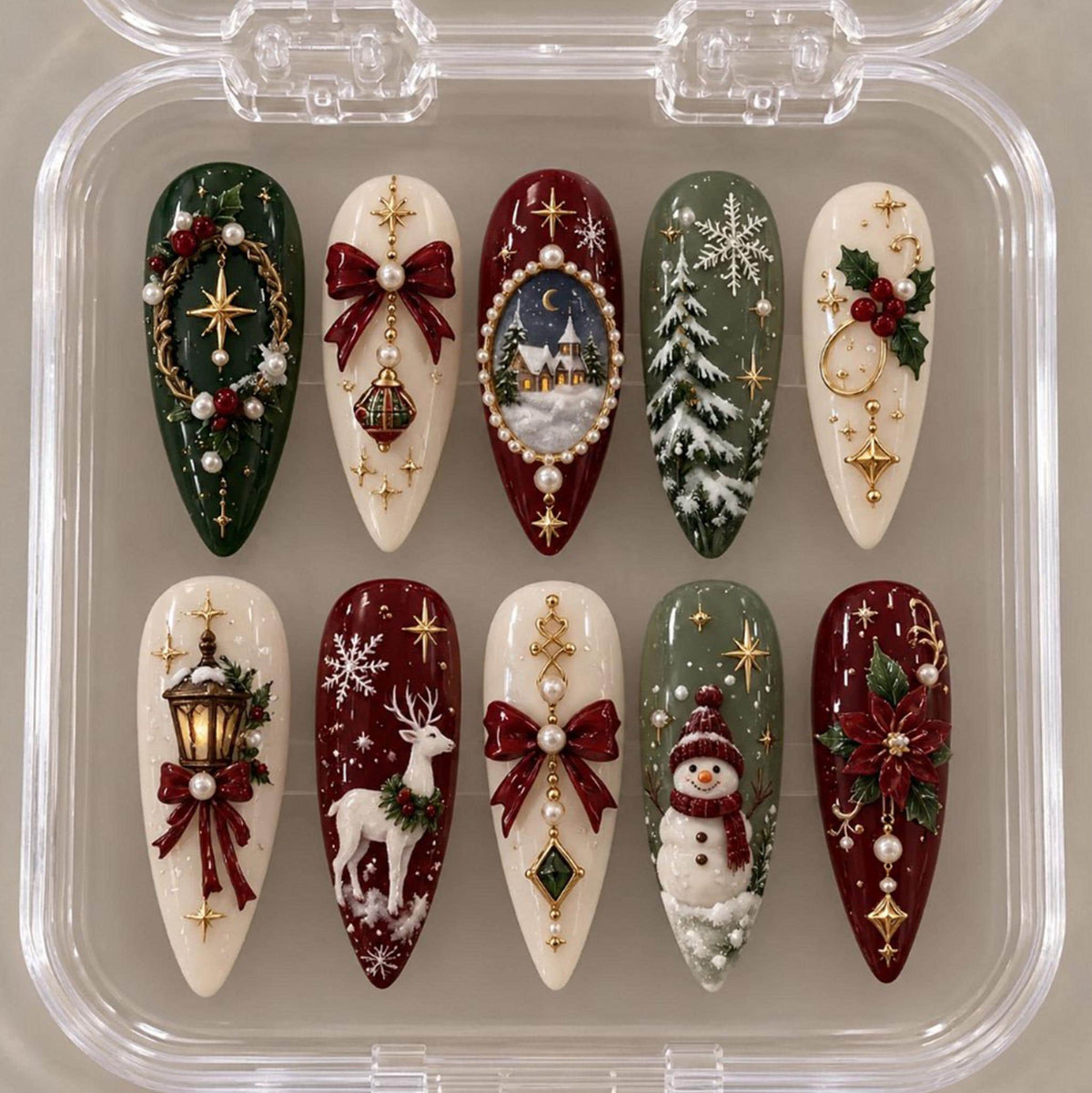 Vintage Christmas Nail Set With Snowman, Deer, Wreaths, and 3D Bows