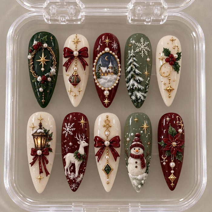 Vintage Christmas Press On Nail Set With Snowman, Deer, Wreaths, and 3D Bows