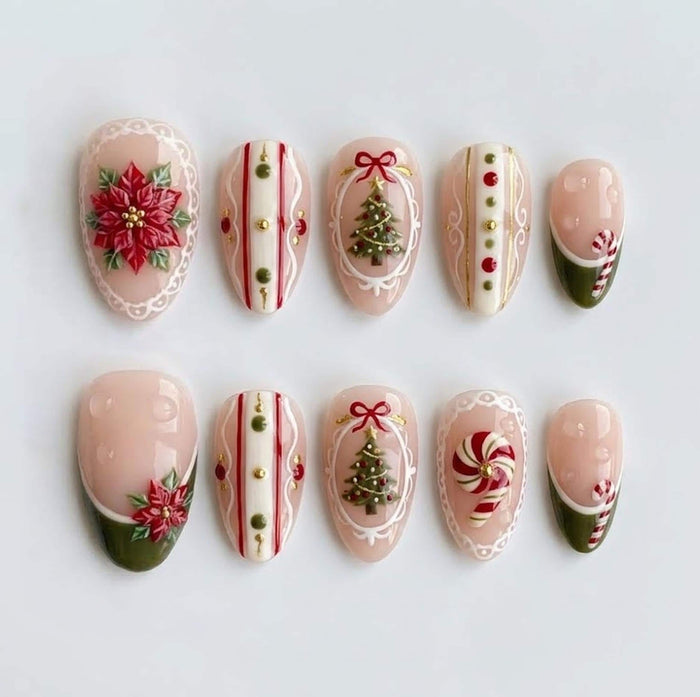 Vintage Christmas Press On Nails with 3D Poinsettias, Trees, Bows and Peppermint Candy