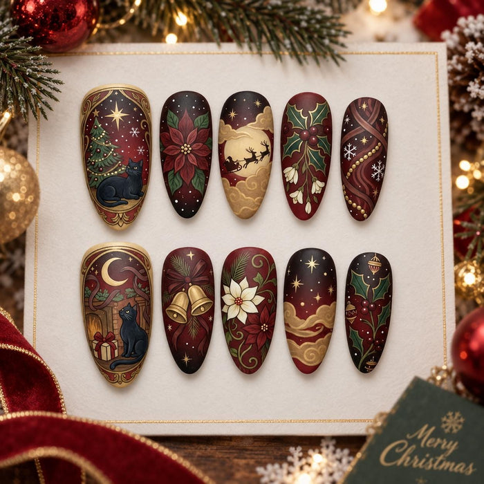 Vintage Christmas Press On Nails With Black Cats, Poinsettias, Bells and Gold Details