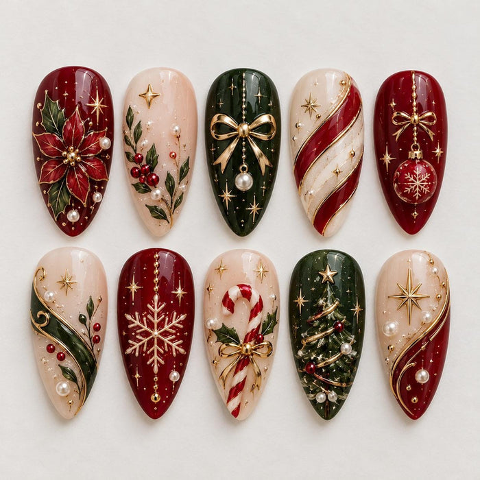 Vintage Christmas Press On Nails With Burgundy, Green, Gold Bows and Holiday Details