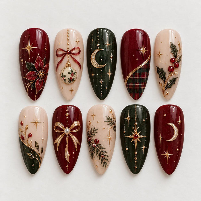 Vintage Christmas Press On Nails with Gold Celestial Details, Tartan Plaid, Poinsettias and Bows