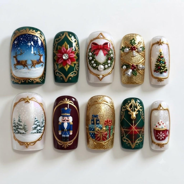 Vintage Christmas Press On Nails With Nutcracker, Reindeer, Poinsettias and Gold Filigree
