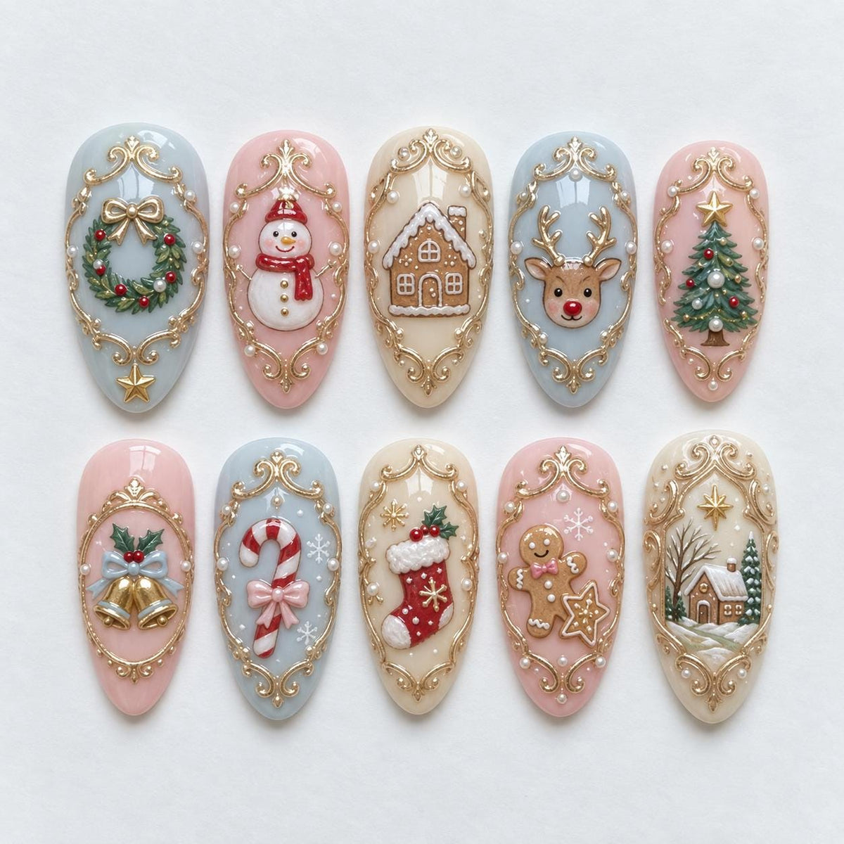 Vintage Christmas Nails With Raised Gold Frames and Festive Motifs
