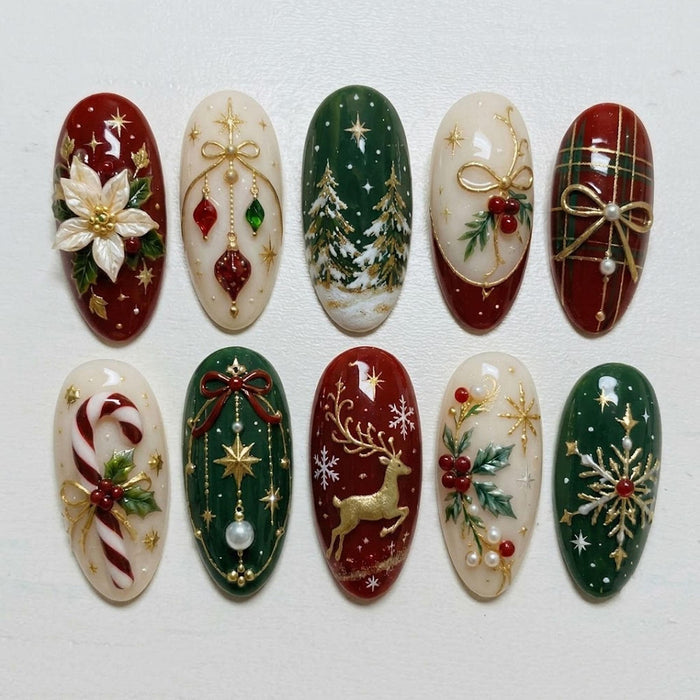 Vintage Christmas Press On Nails with Reindeer, Candy Cane, Plaid, and Gold Details