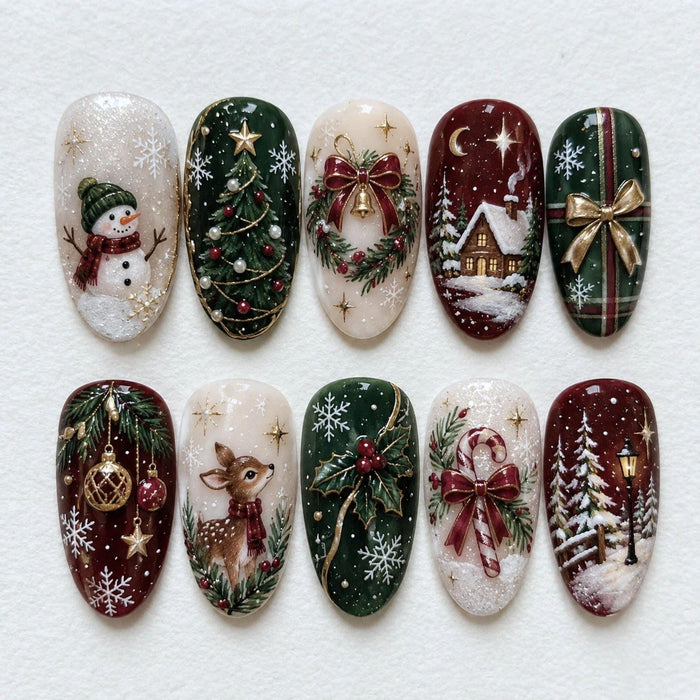 Vintage Christmas Press On Nails With Snowflakes, Trees, Deer and Gold Details