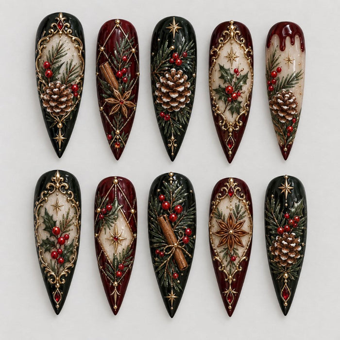 Vintage Christmas Pinecone Press On Nails With Evergreen, Berries and Gold Details