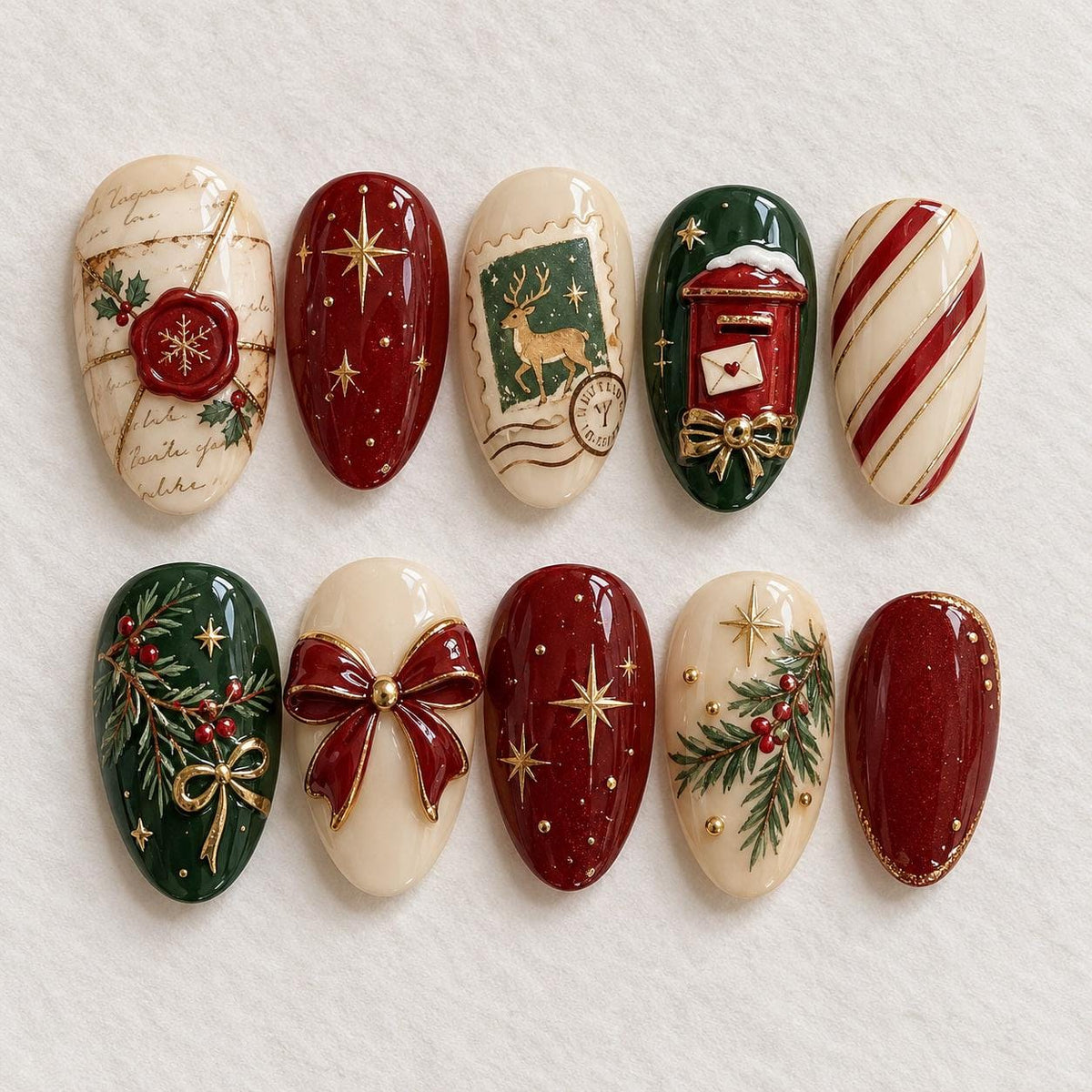 Vintage Christmas Postcard Nails With Reindeer, Wax Seal, Mailbox & Red Bow