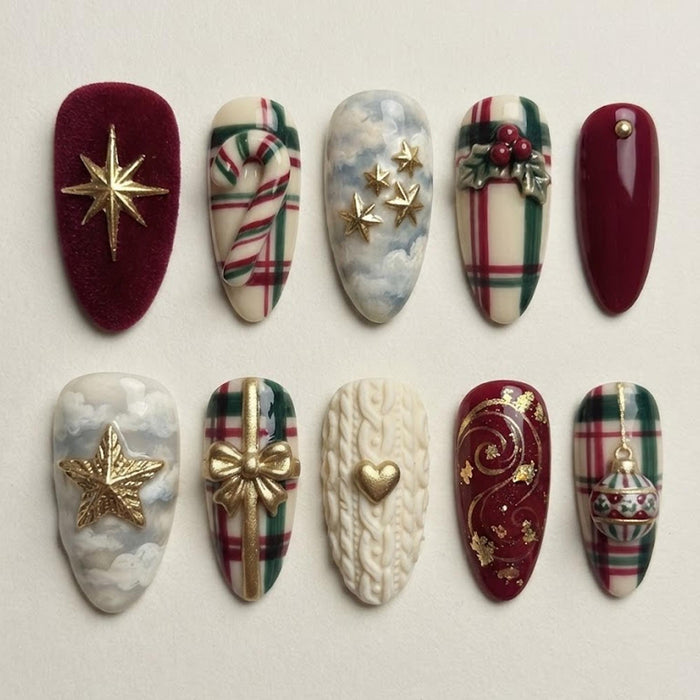 Vintage Christmas Press On Nails with Burgundy Velvet, Tartan Plaid and 3D Charms
