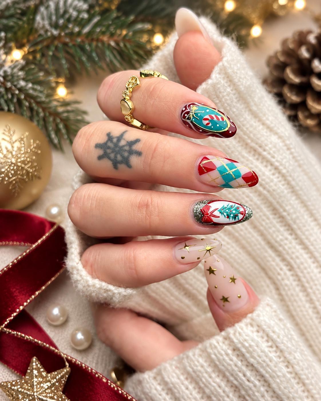 Vintage Christmas Press On Nails With Candy Cane Stripes, Plaid, Ornaments and Gold Stars