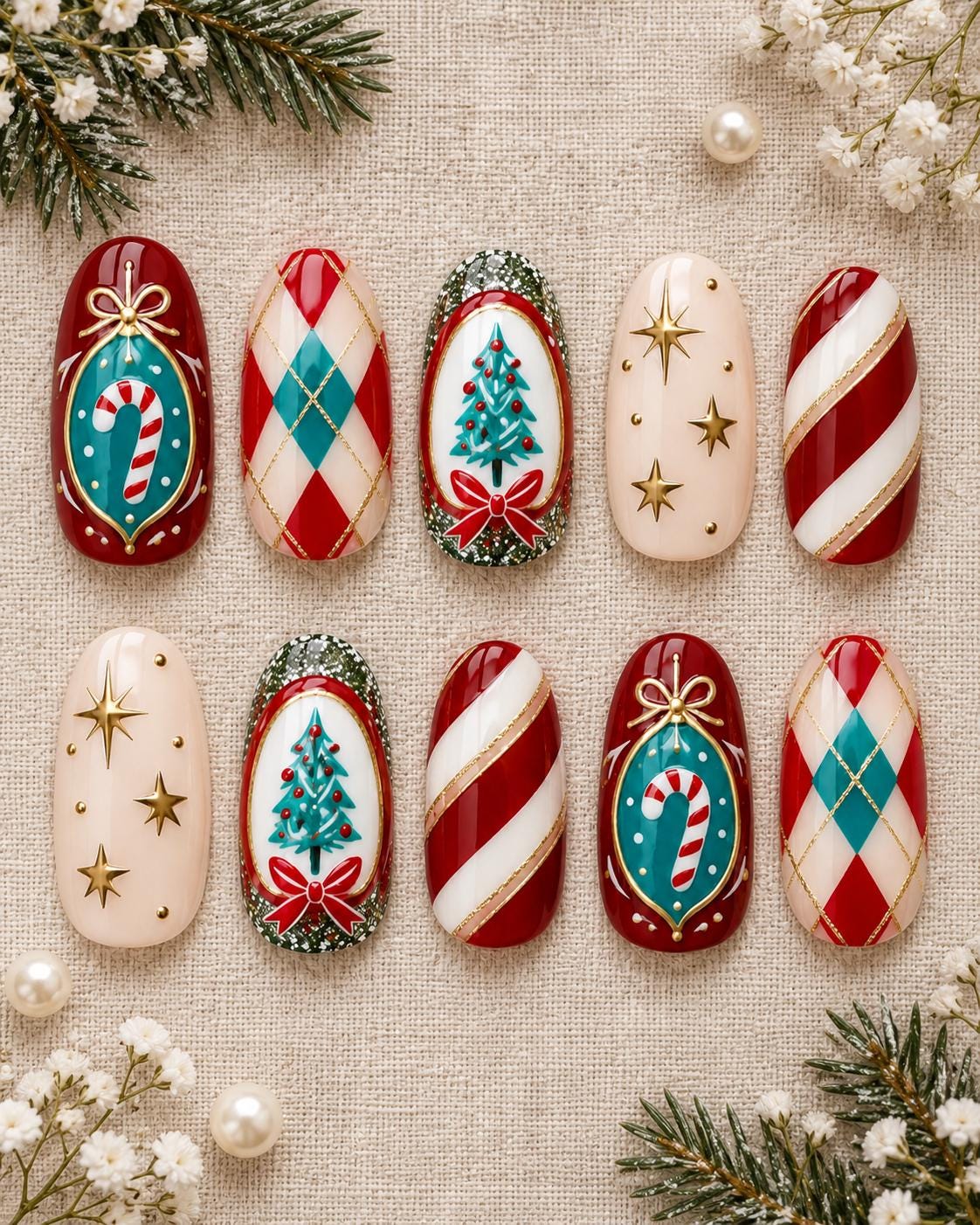 Vintage Christmas Press On Nails With Candy Cane Stripes, Plaid, Ornaments and Gold Stars