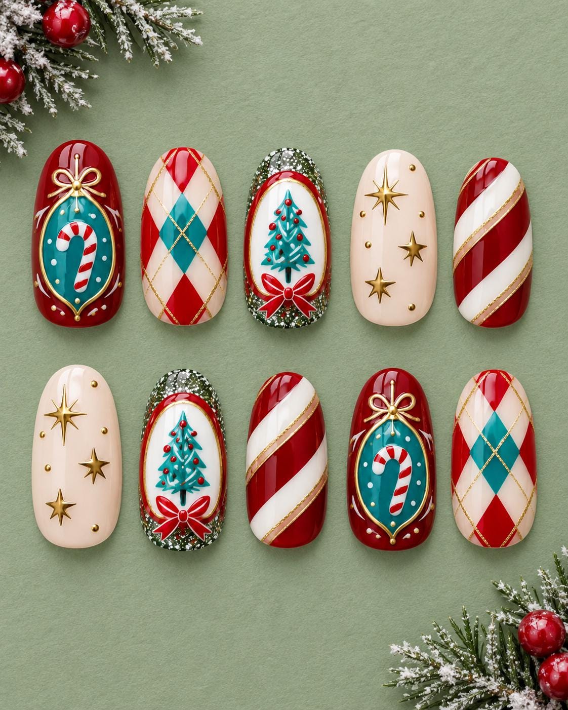 Vintage Christmas Press On Nails With Candy Cane Stripes, Plaid, Ornaments and Gold Stars