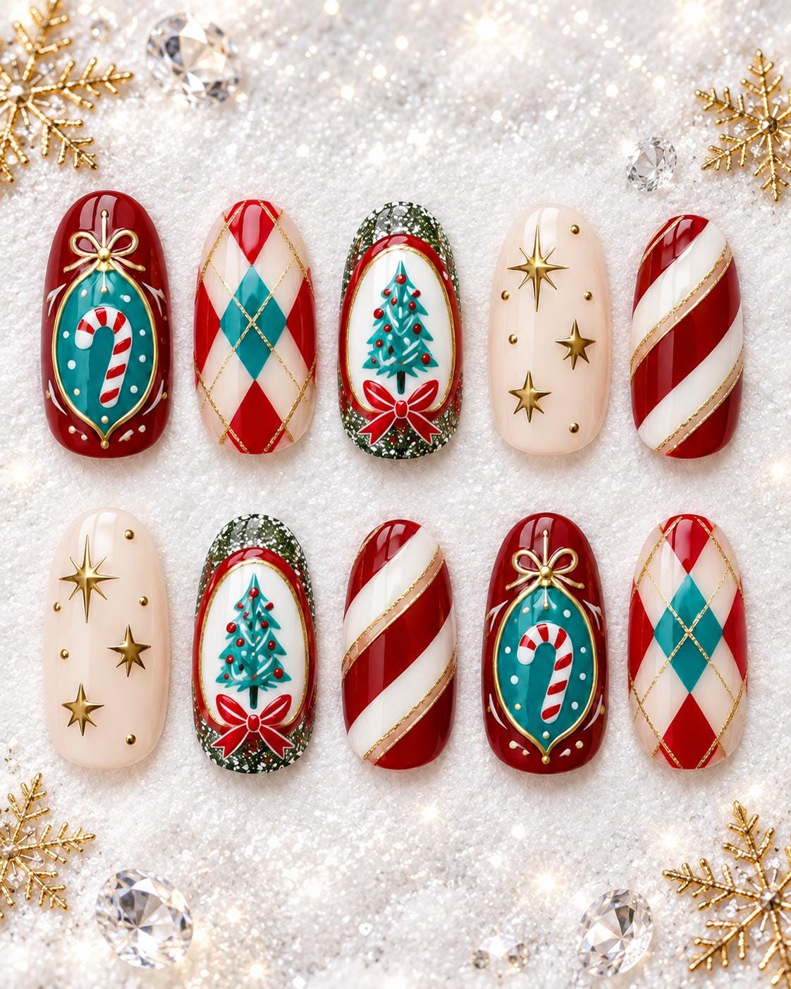 Vintage Christmas Press On Nails With Candy Cane Stripes, Plaid, Ornaments and Gold Stars